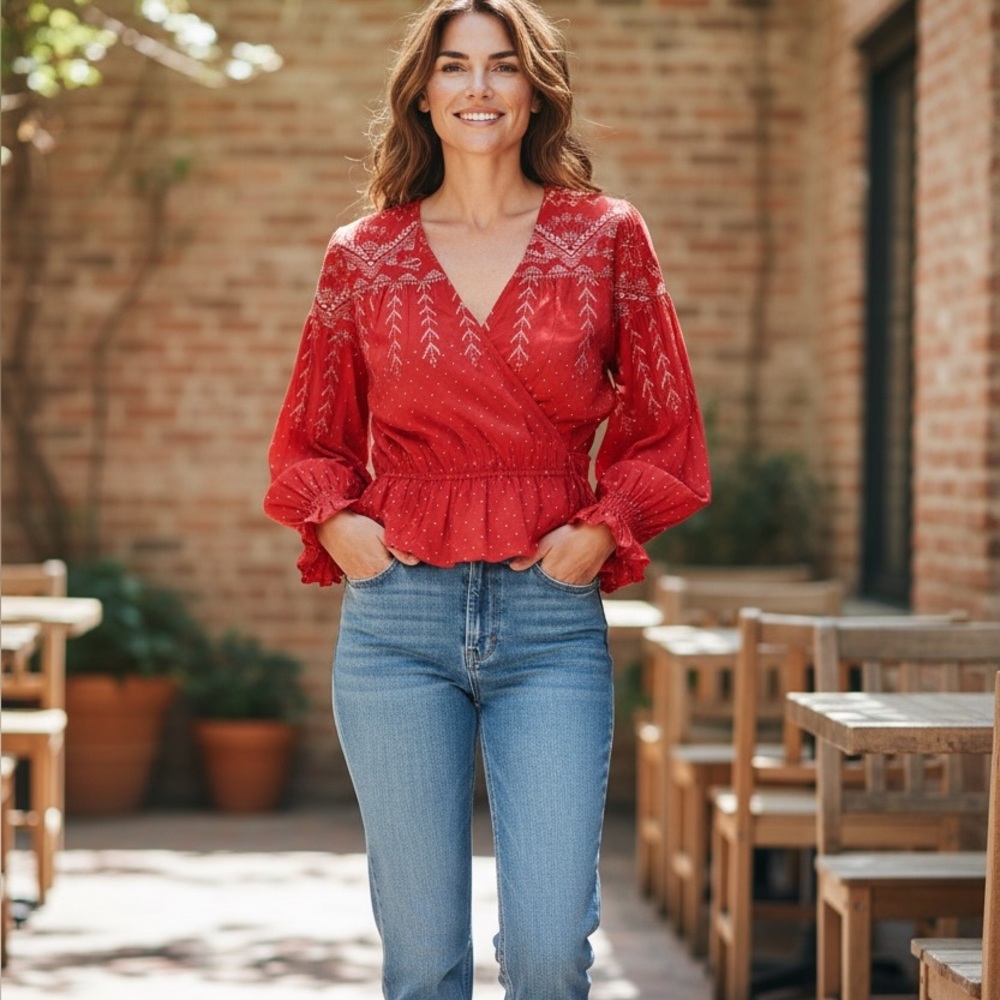 Boho Red Raw Edge Peasant Blouse Gold Stitch Long Sleeve Free People Top